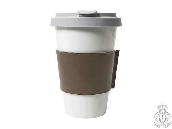 Porzellanbecher Dibbern Bone China Weiß Coffee-To-Go Becher Mit Taupe Farbener Lederbanderole 1